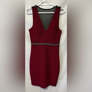 NWT Le Chateau Dress Women’s S Red Black Shimmer Glitter‎ V Neck Side Zip